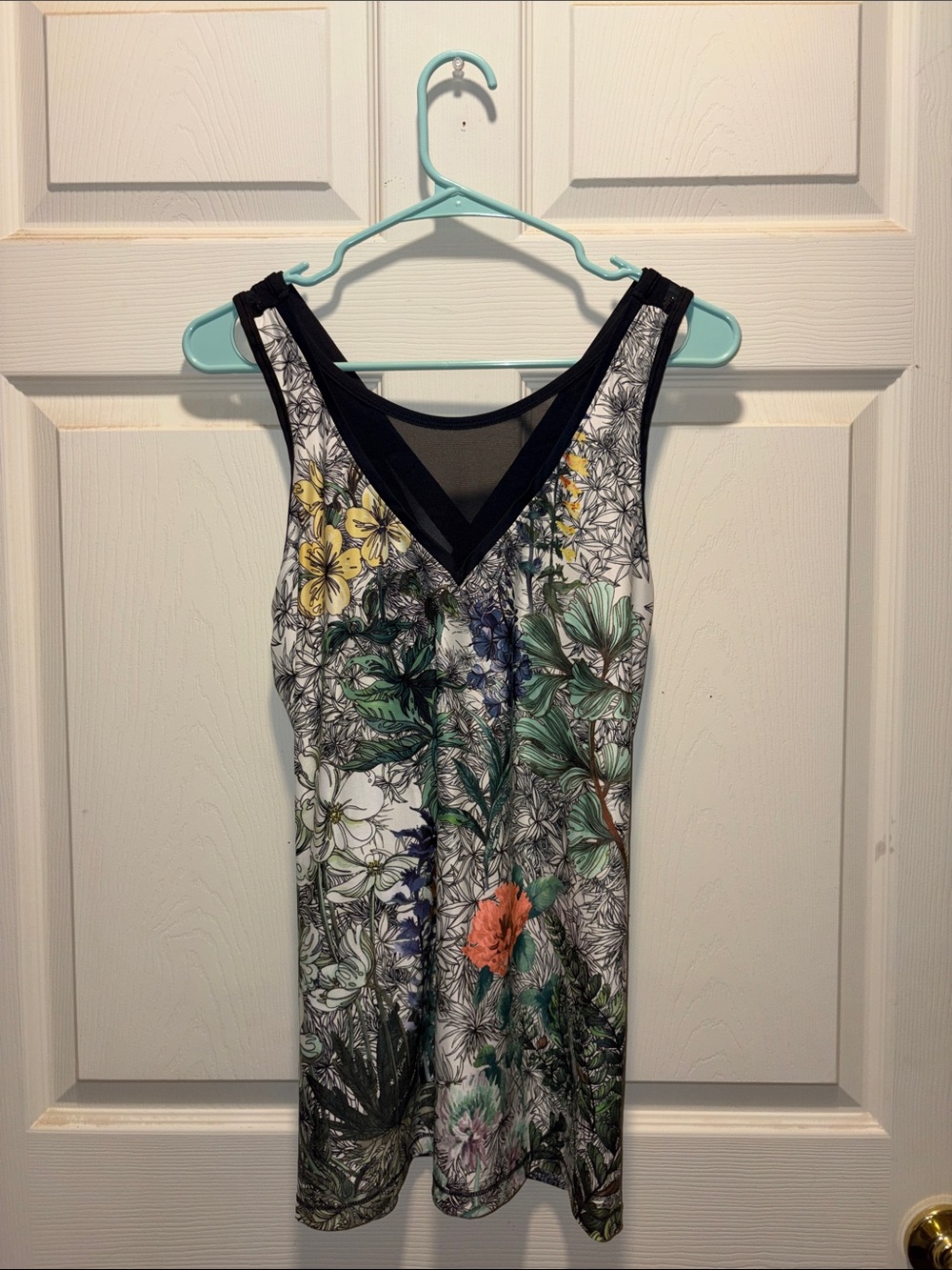 Floral V-Neck Tank Top with Black Trim